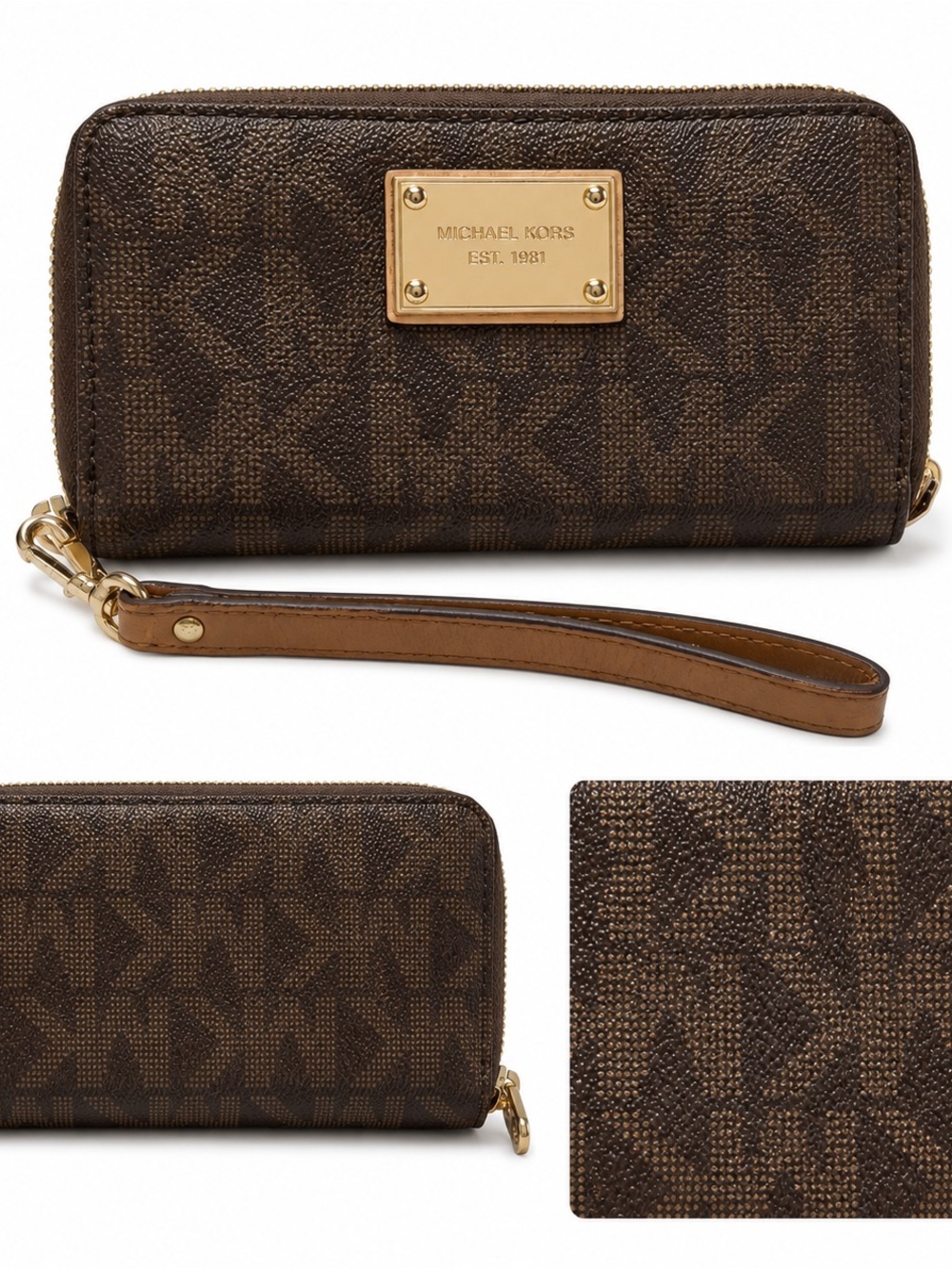 Michael Kors Brown Signature Logo Zip-Around Wristlet Wallet